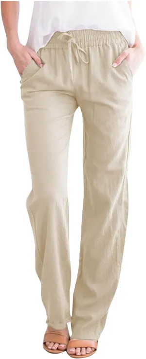 NATHGAM Womens Pants Casual Dressy Summer Cotton Linen Trousers High Waist Straight Leg Loose Drawstring Lounge Beach Pants