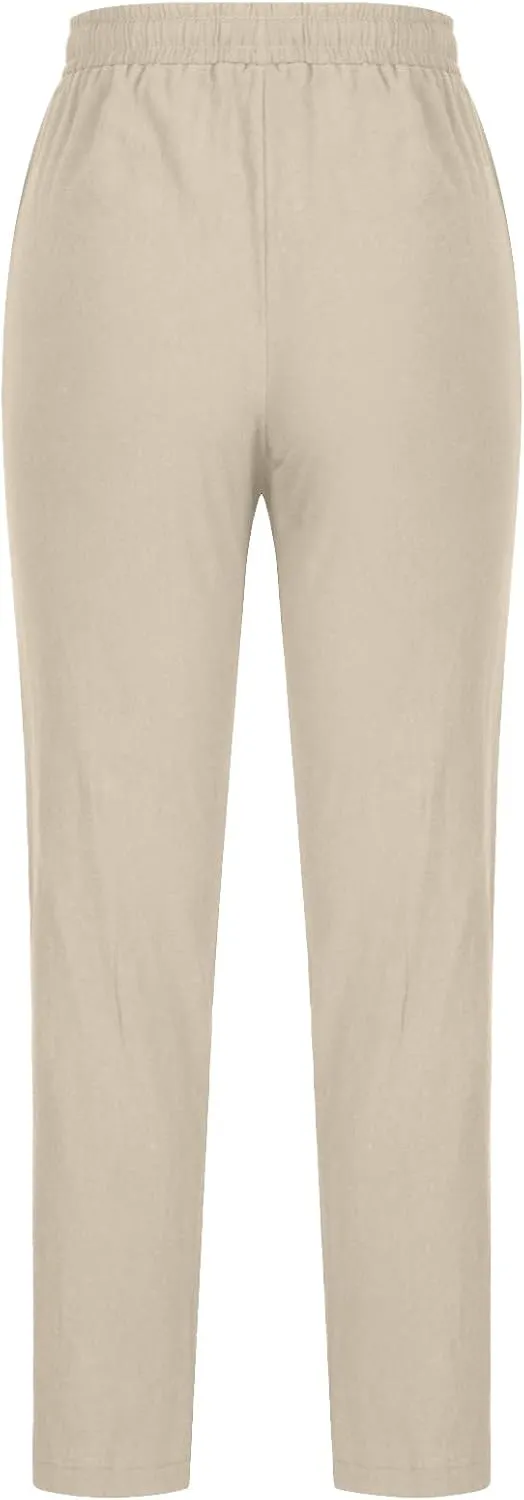 NATHGAM Womens Pants Casual Dressy Summer Cotton Linen Trousers High Waist Straight Leg Loose Drawstring Lounge Beach Pants