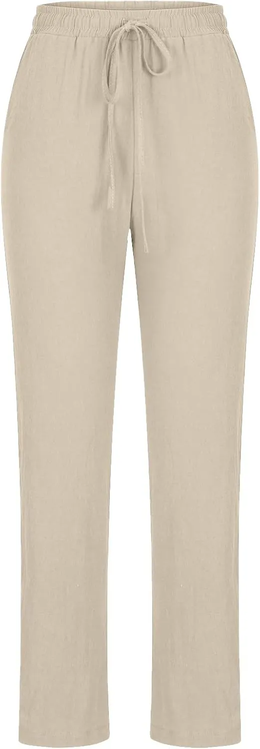 NATHGAM Womens Pants Casual Dressy Summer Cotton Linen Trousers High Waist Straight Leg Loose Drawstring Lounge Beach Pants