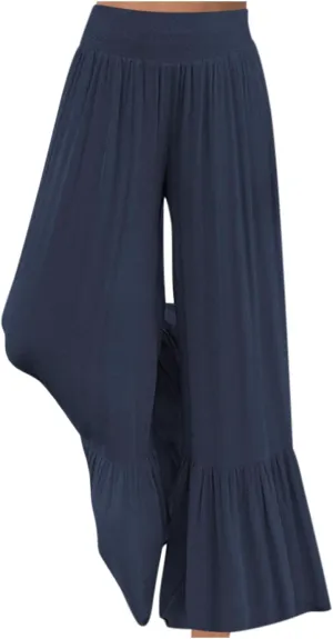 NATHGAM Women's Solid Wide Straight Leg Flared Pants Summer Lightweight Cotton Linen Elastic High Waist Soft Comfy Trousers