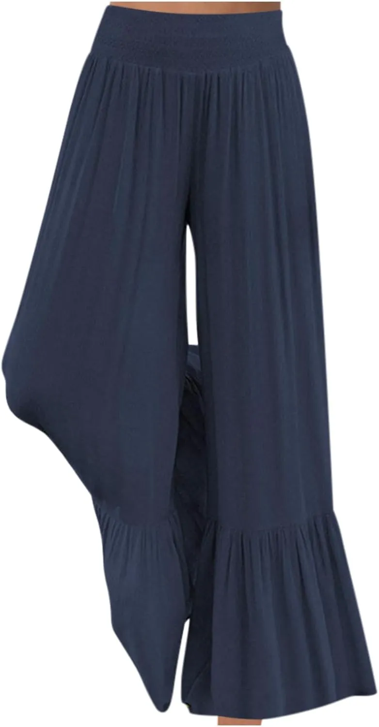 NATHGAM Women's Solid Wide Straight Leg Flared Pants Summer Lightweight Cotton Linen Elastic High Waist Soft Comfy Trousers