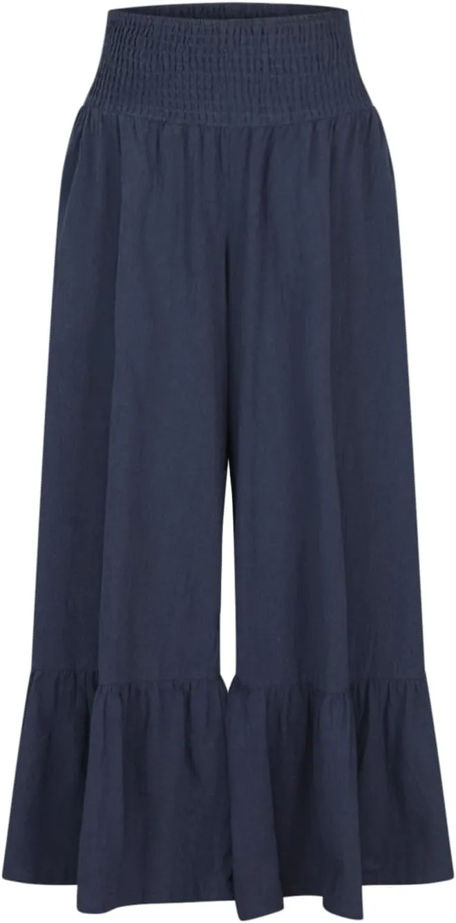 NATHGAM Women's Solid Wide Straight Leg Flared Pants Summer Lightweight Cotton Linen Elastic High Waist Soft Comfy Trousers