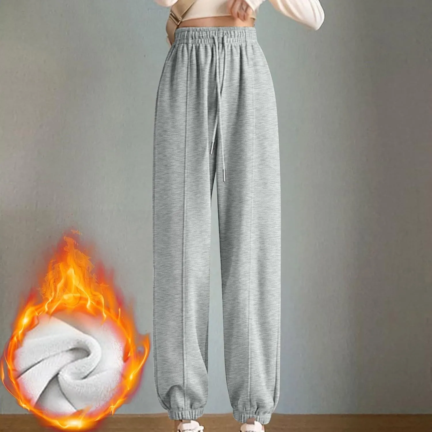 NATHGAM Women's Sweatpants Winter Warm Fleece Lined High Waist Wide Leg Pants Lightweight Comfy Fashion Y2K Street Trousers