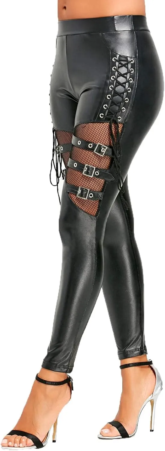 Nihsatin Fishnet Trim Lace Up PU Leather Pants Thin Lightweight Gothic Punk Leggings for Women