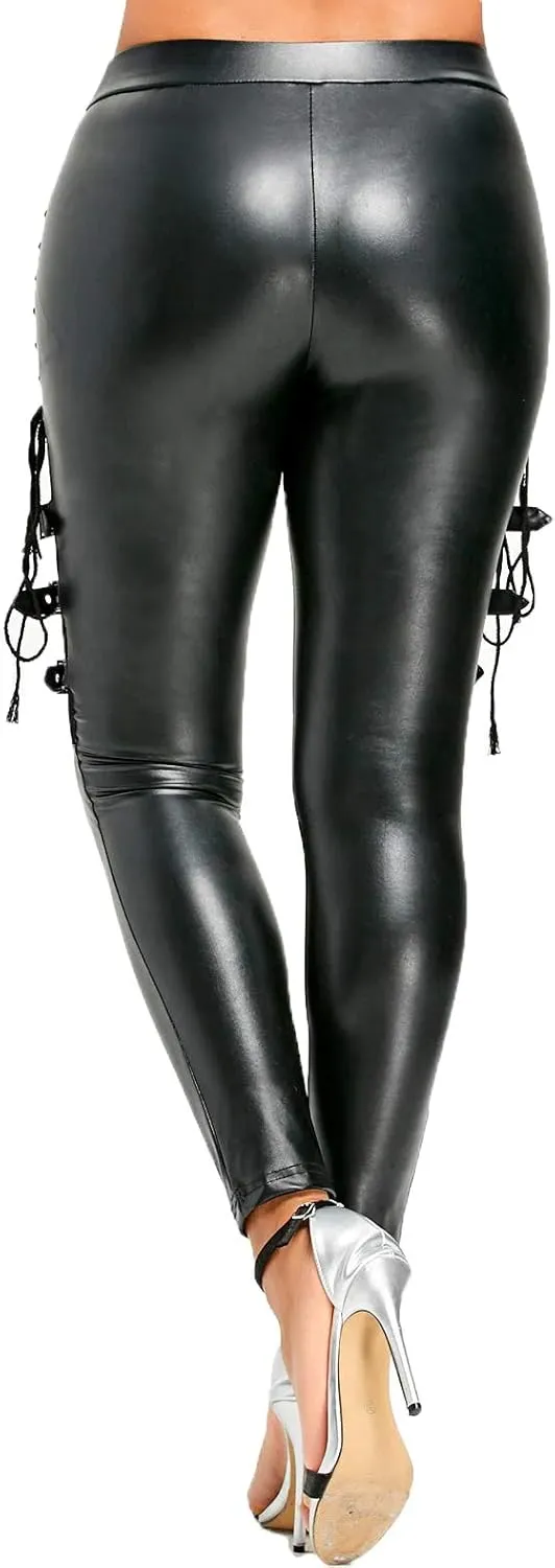 Nihsatin Fishnet Trim Lace Up PU Leather Pants Thin Lightweight Gothic Punk Leggings for Women