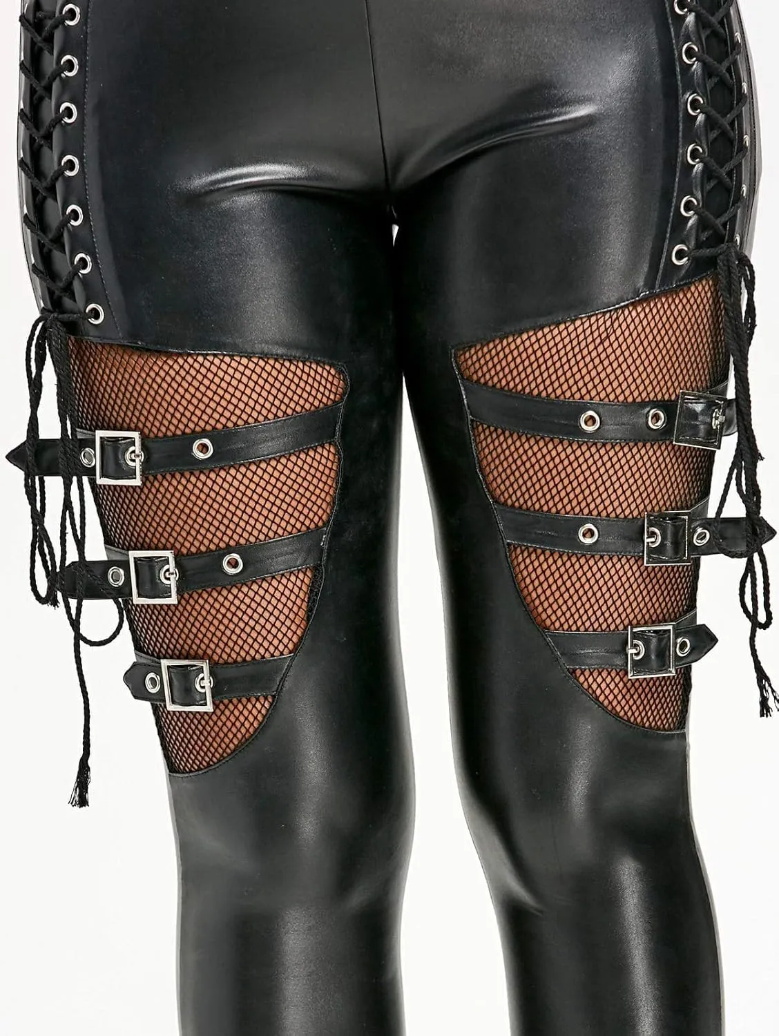 Nihsatin Fishnet Trim Lace Up PU Leather Pants Thin Lightweight Gothic Punk Leggings for Women