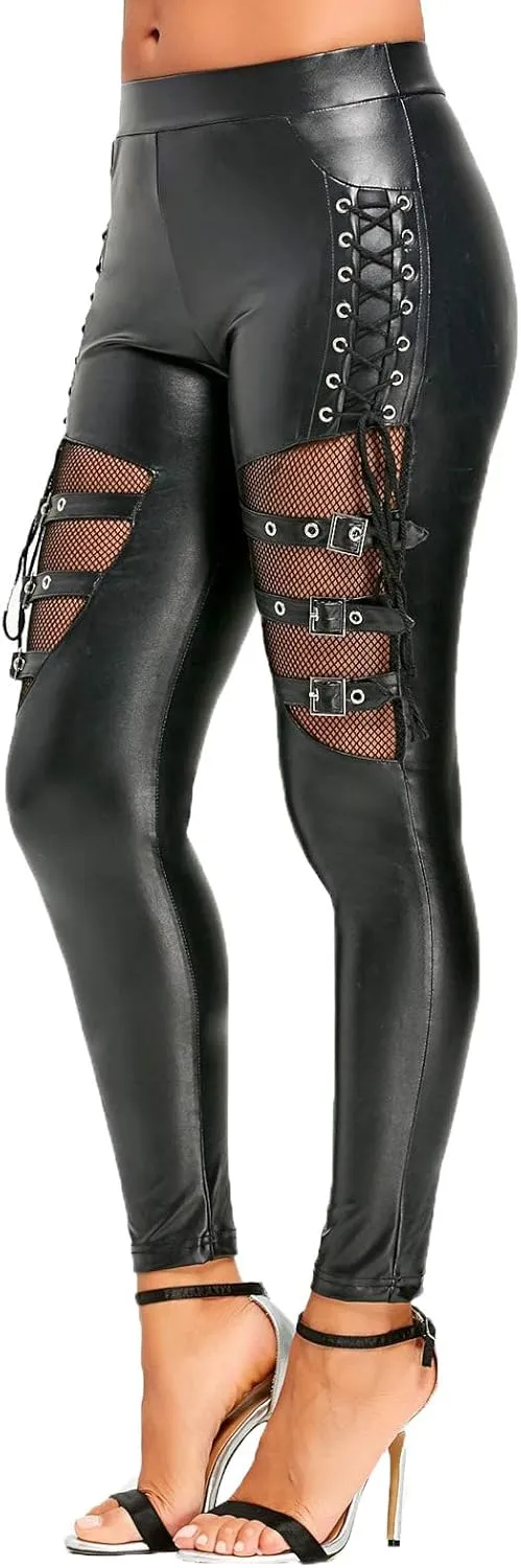 Nihsatin Fishnet Trim Lace Up PU Leather Pants Thin Lightweight Gothic Punk Leggings for Women