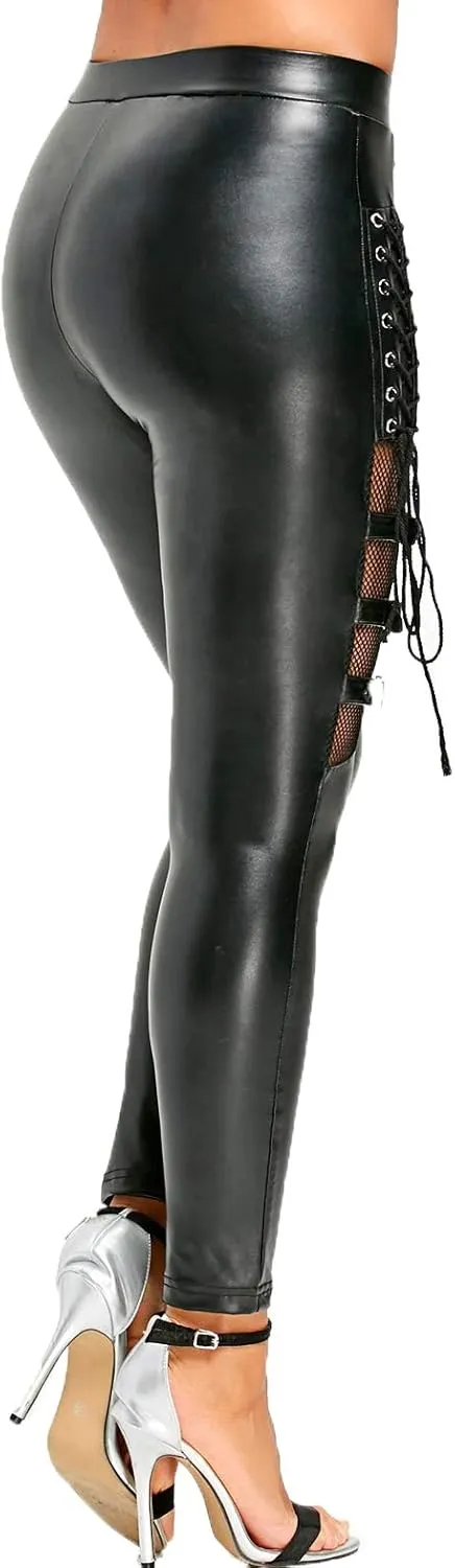 Nihsatin Fishnet Trim Lace Up PU Leather Pants Thin Lightweight Gothic Punk Leggings for Women