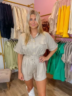 Northwest Linen Button Up Romper With Belt Northwest Linen Button Up Romper With Belt