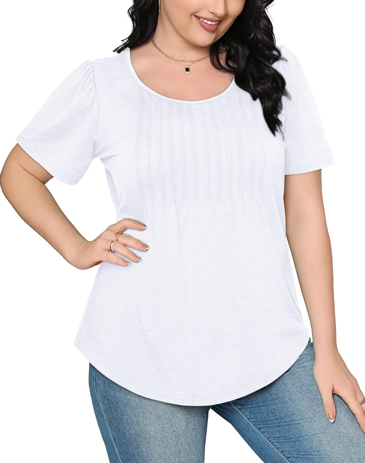 OFEEFAN Womens T Shirts Short Sleeve Pleated Dressy Casual Scooped Neck Summer Tops Blouses