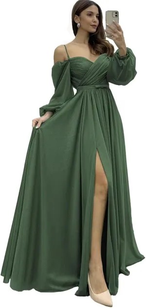 Off Shoulder Long Sleeve Bridesmaid Dresses Chiffon Spaghetti Strap Formal Evening Gown Split Ruched Wedding Guest Dress