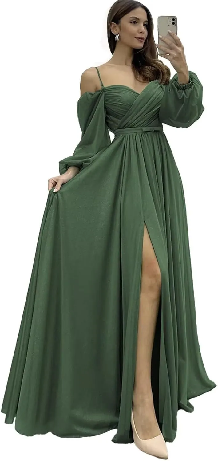 Off Shoulder Long Sleeve Bridesmaid Dresses Chiffon Spaghetti Strap Formal Evening Gown Split Ruched Wedding Guest Dress
