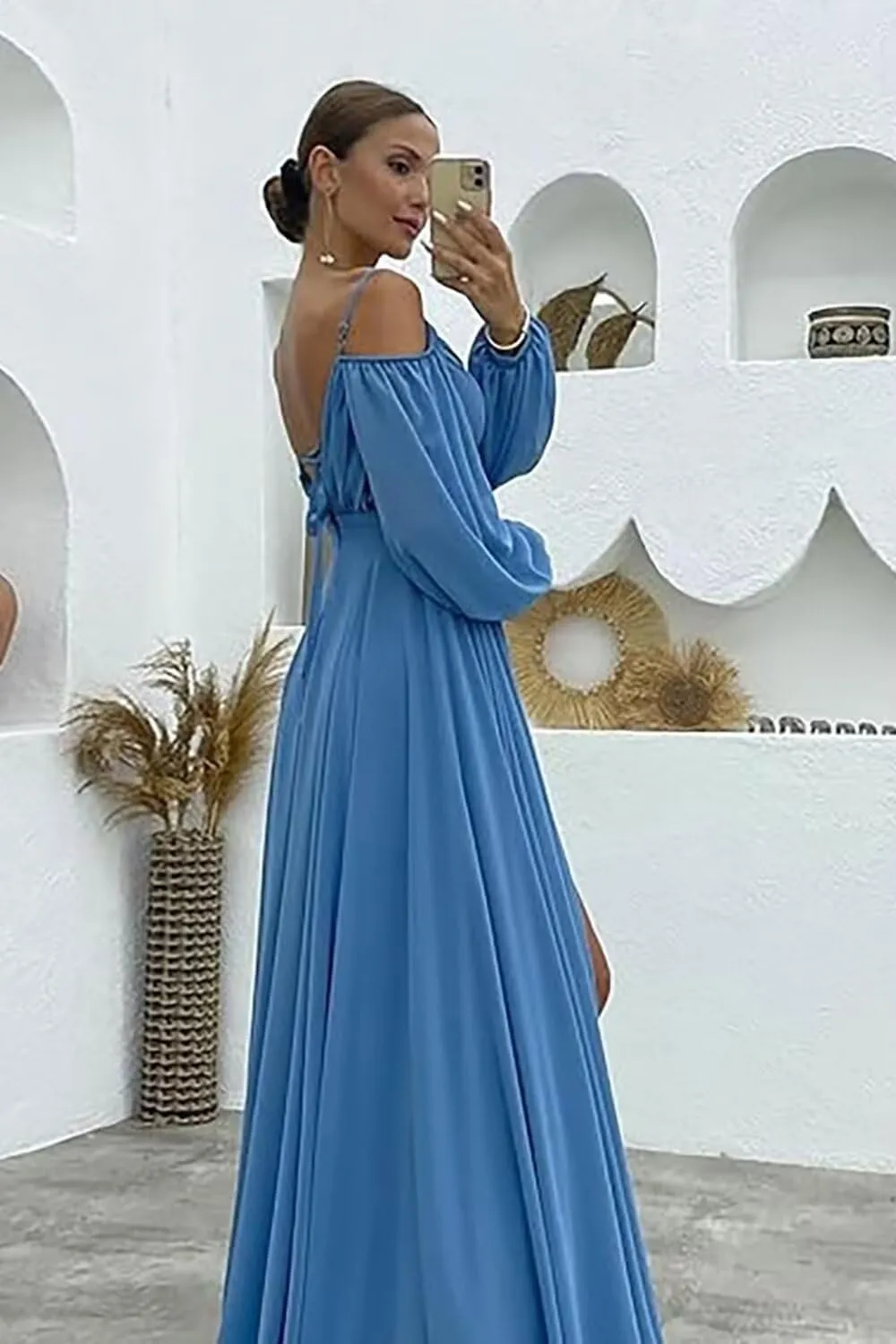 Off Shoulder Long Sleeve Bridesmaid Dresses Chiffon Spaghetti Strap Formal Evening Gown Split Ruched Wedding Guest Dress