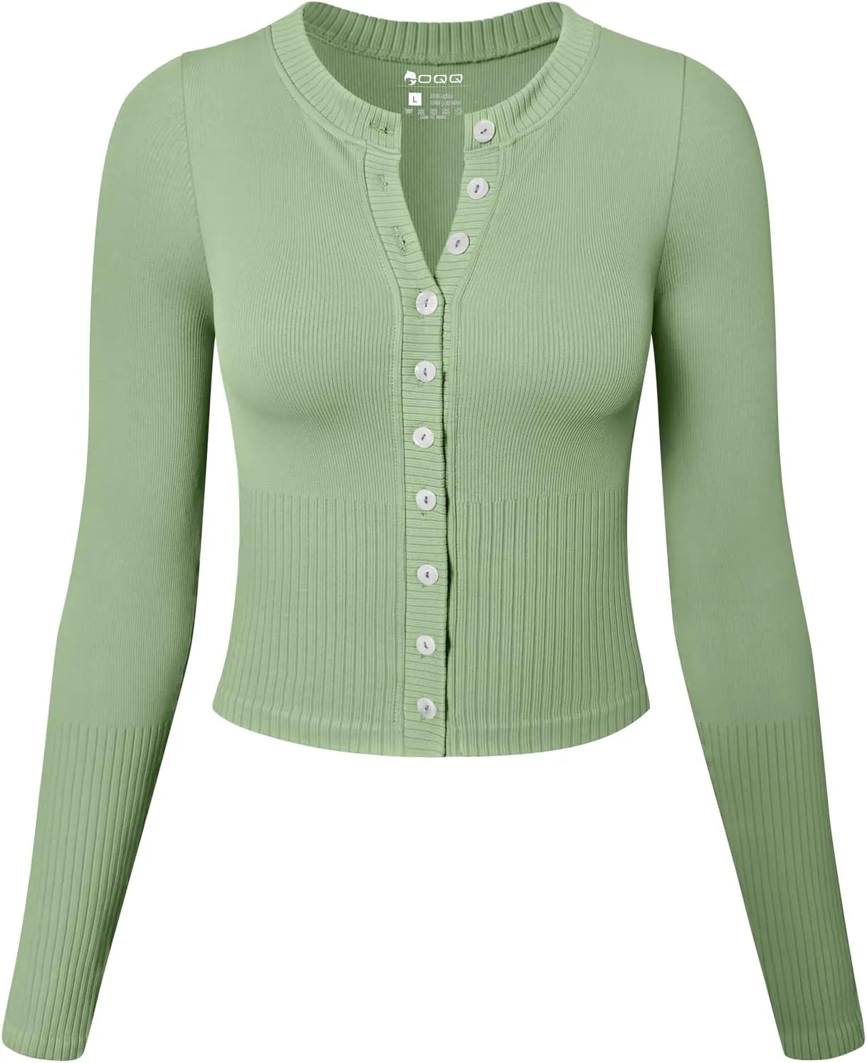 OQQ Womens Long Sleeve Shirts Crew Neck Button Knit Stretch Casual Basic Tops Fitted Tee Shirts