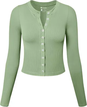 OQQ Womens Long Sleeve Shirts Crew Neck Button Knit Stretch Casual Basic Tops Fitted Tee Shirts