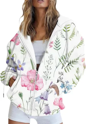 Oversized Sweatshirt For Women,Womens Casual Print Zip Up Hoodie Trendy Long Sleeve Sweatshirt With Pockets
