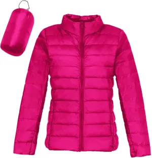 Packable Down Jacket Women Lightweight Full Zip Puffer Jackets Casual Warm Stand Collar Quilted Winter Coat with Hood