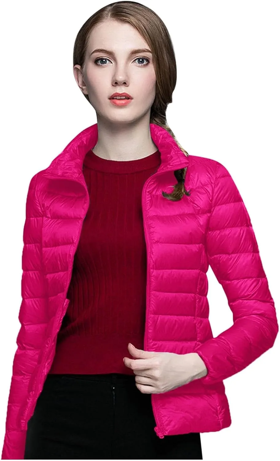 Packable Down Jacket Women Lightweight Full Zip Puffer Jackets Casual Warm Stand Collar Quilted Winter Coat with Hood