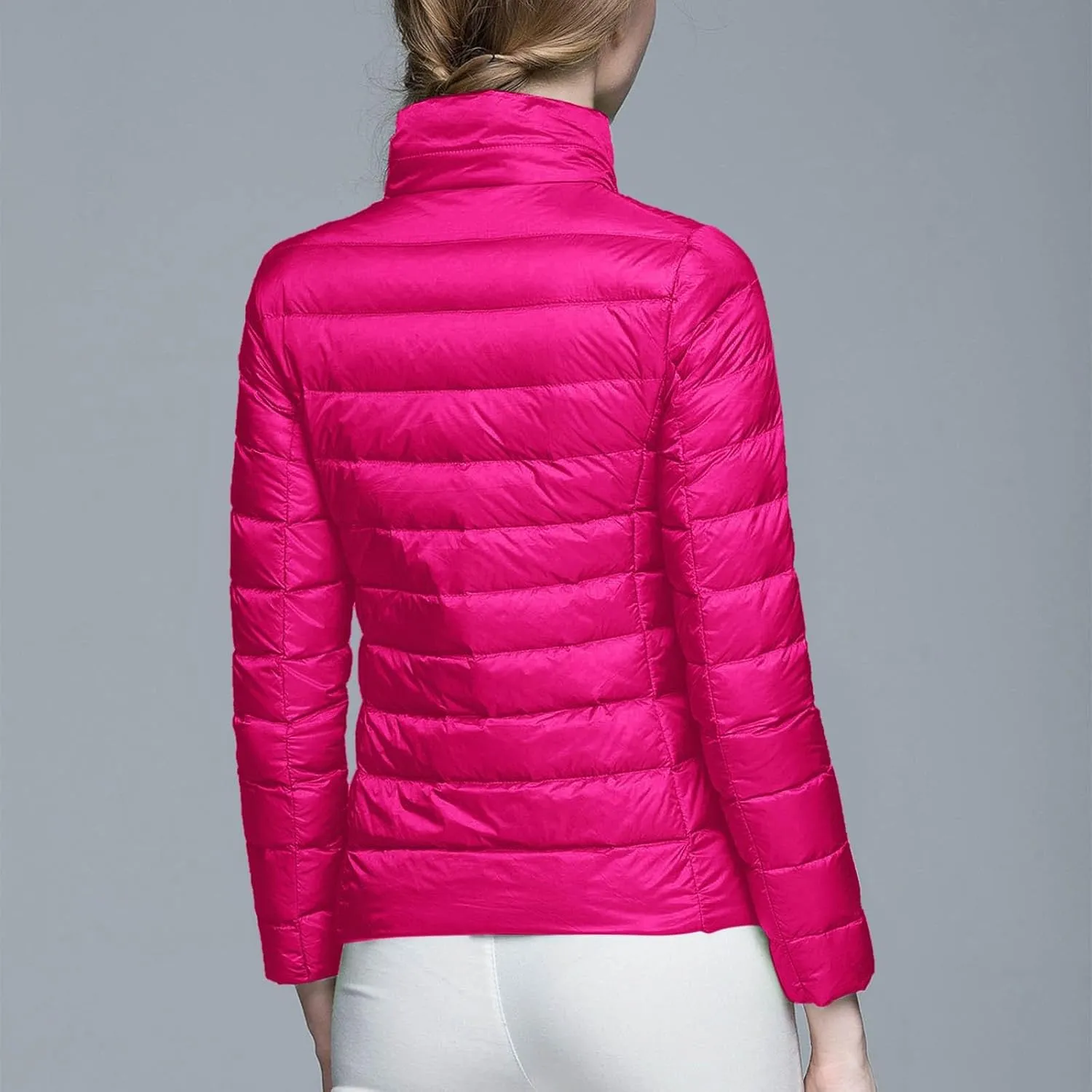 Packable Down Jacket Women Lightweight Full Zip Puffer Jackets Casual Warm Stand Collar Quilted Winter Coat with Hood