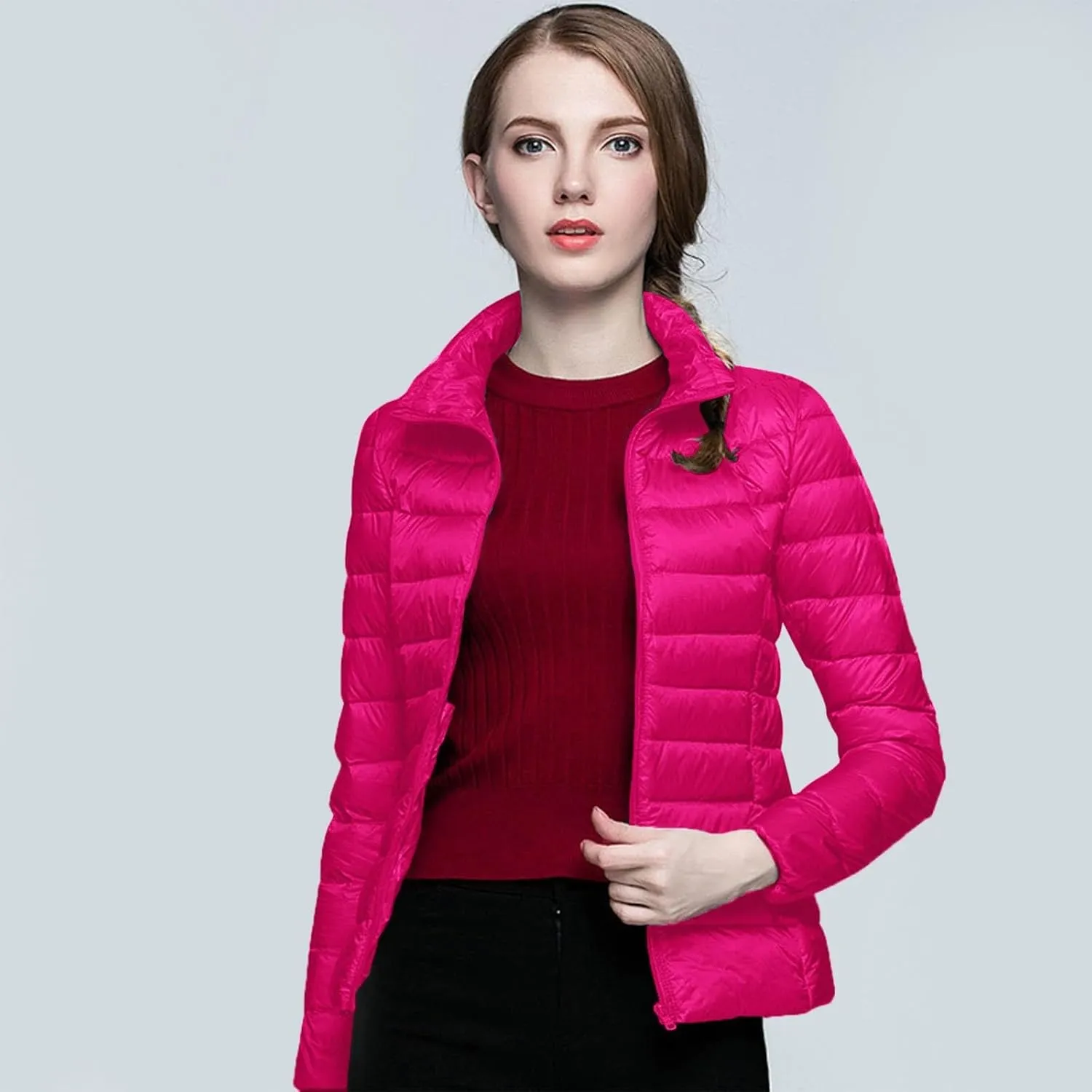 Packable Down Jacket Women Lightweight Full Zip Puffer Jackets Casual Warm Stand Collar Quilted Winter Coat with Hood