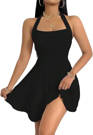 PerZeal Women's 2025 Summer Dress Sleeveless Halter Neck Sundress Backless Flared Short Mini Beach Dress