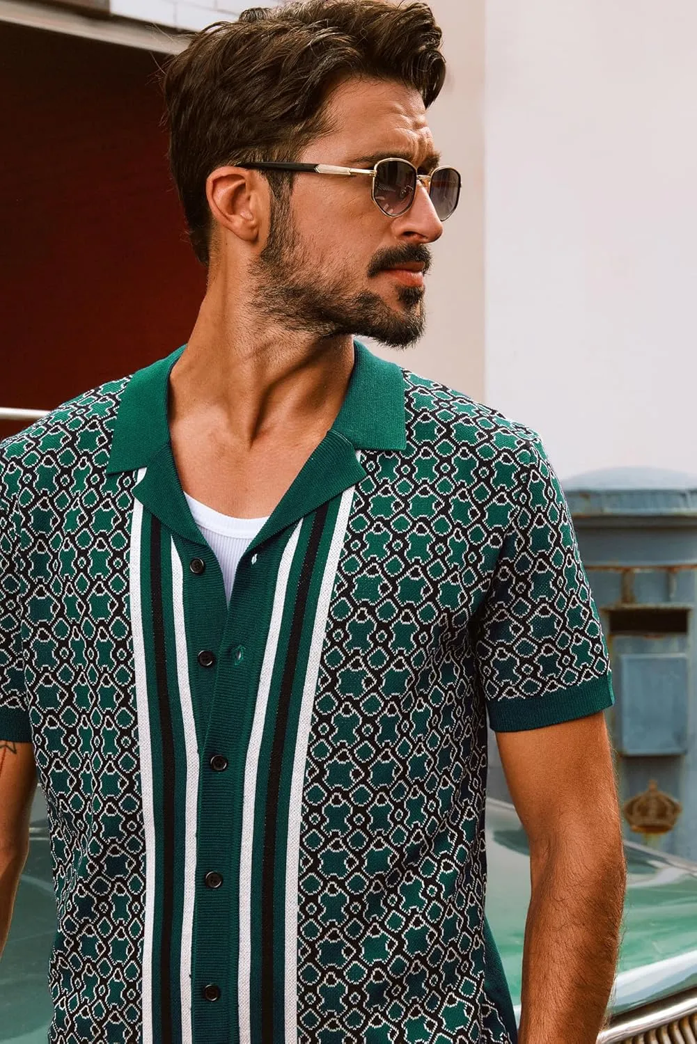 PJ PAUL JONES Mens 70S Shirts Vintage Shirts Button Down Cuban Collar Knitted Polo Shirt