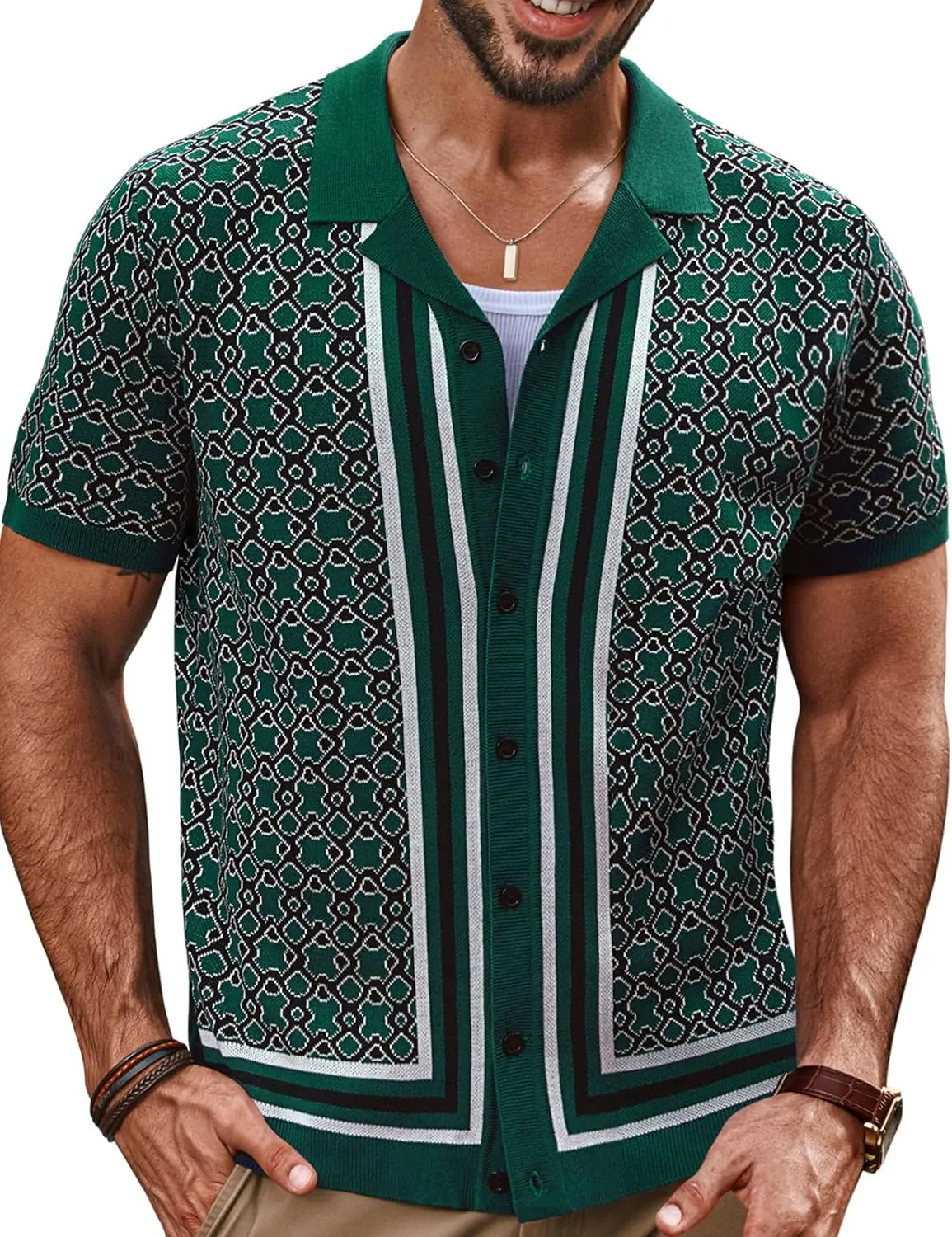 PJ PAUL JONES Mens 70S Shirts Vintage Shirts Button Down Cuban Collar Knitted Polo Shirt
