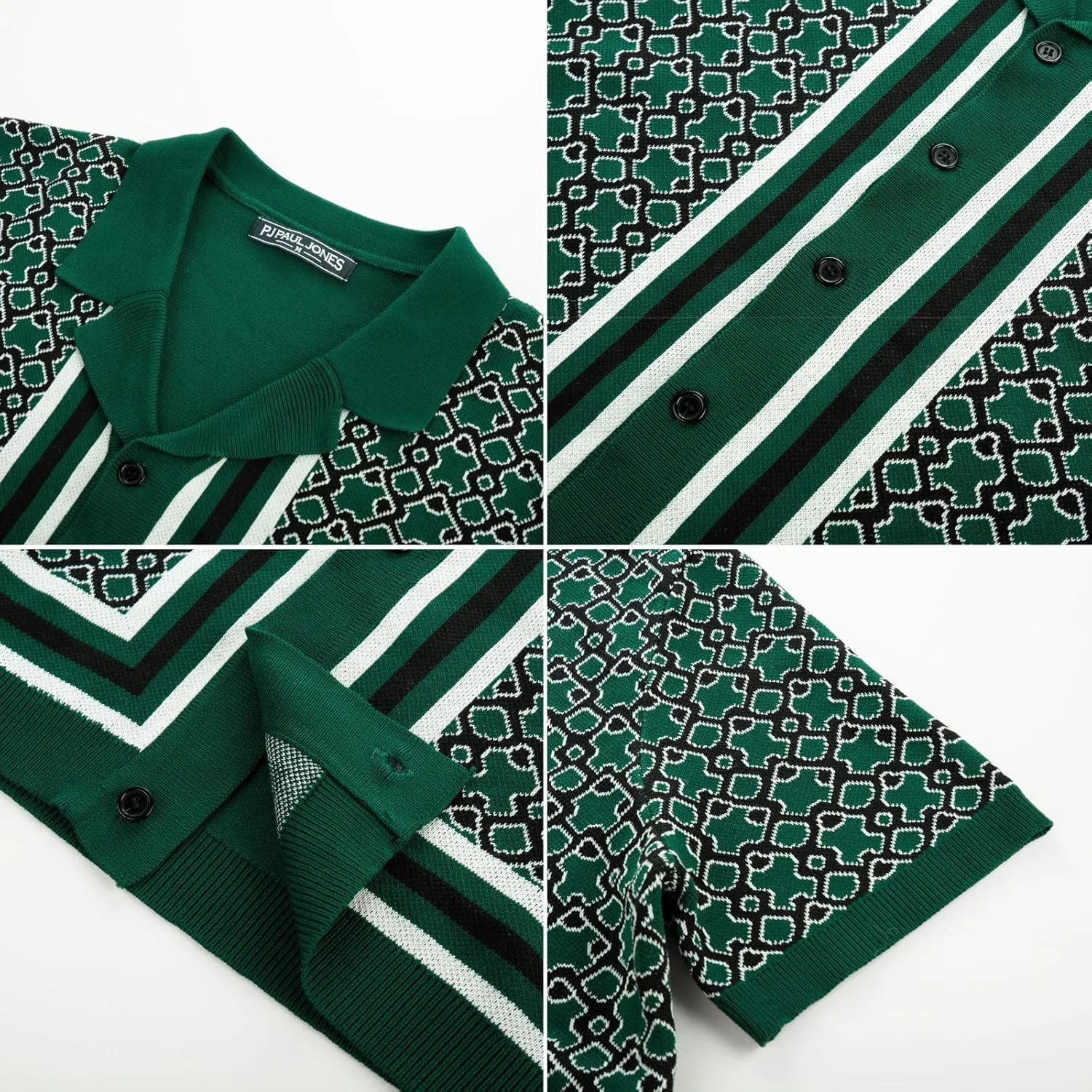 PJ PAUL JONES Mens 70S Shirts Vintage Shirts Button Down Cuban Collar Knitted Polo Shirt