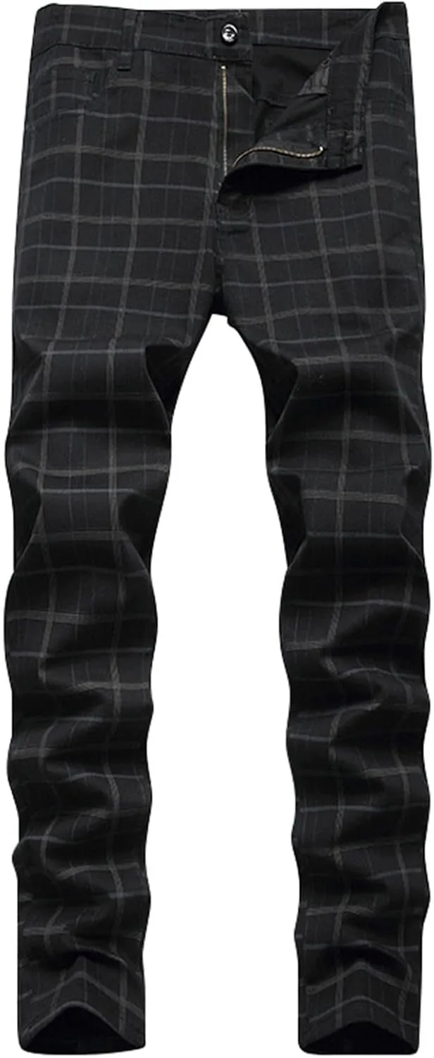 Plaid Pants for Men Straight Leg Stretch Slim Fit Dress Pant Skinny Flat Front Stylish Business Casual Chinos Pant