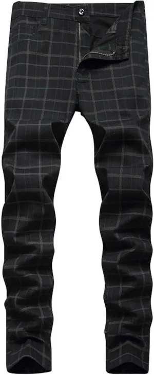 Plaid Pants for Men Straight Leg Stretch Slim Fit Dress Pant Skinny Flat Front Stylish Business Casual Chinos Pant