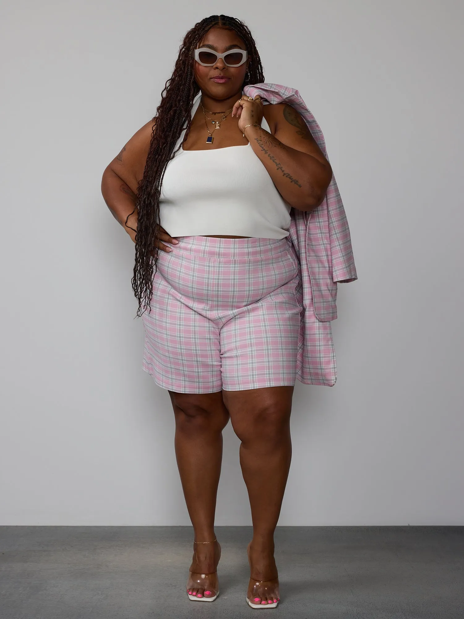 Plus Plaid Bengaline Pull-On Shorts