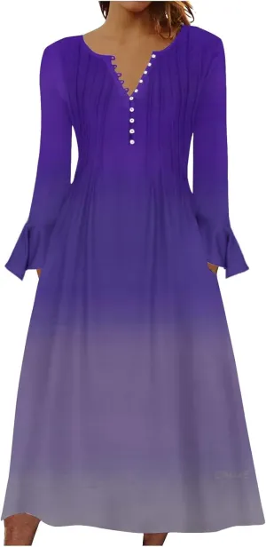 Plus Size Dress for Women 2024 Fashion Long Sleeve Gradient Color Causal Dresses Plus Size Buttons V Neck Fall Dress