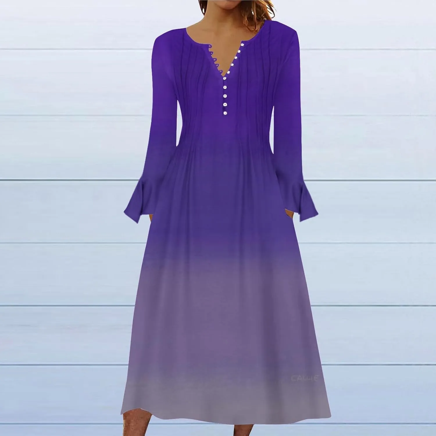 Plus Size Dress for Women 2024 Fashion Long Sleeve Gradient Color Causal Dresses Plus Size Buttons V Neck Fall Dress