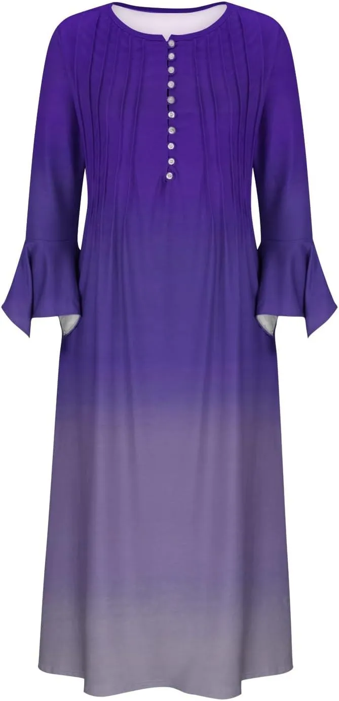 Plus Size Dress for Women 2024 Fashion Long Sleeve Gradient Color Causal Dresses Plus Size Buttons V Neck Fall Dress