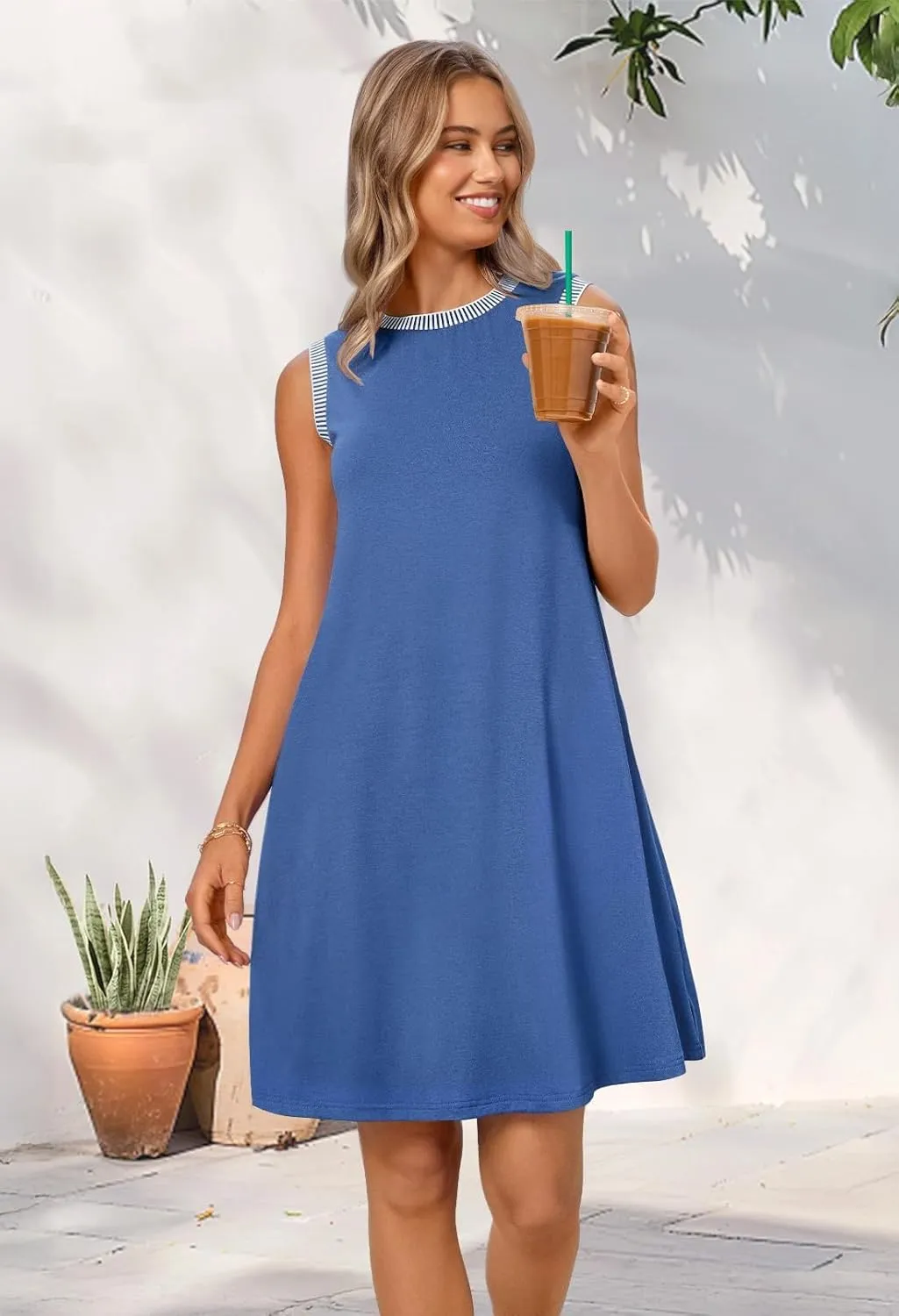 Pluto & Fox Women's Summer Casual Beach Mini Dresses Sleeveless Tank Crewneck Loose Coverup Vacation Beach Sundress