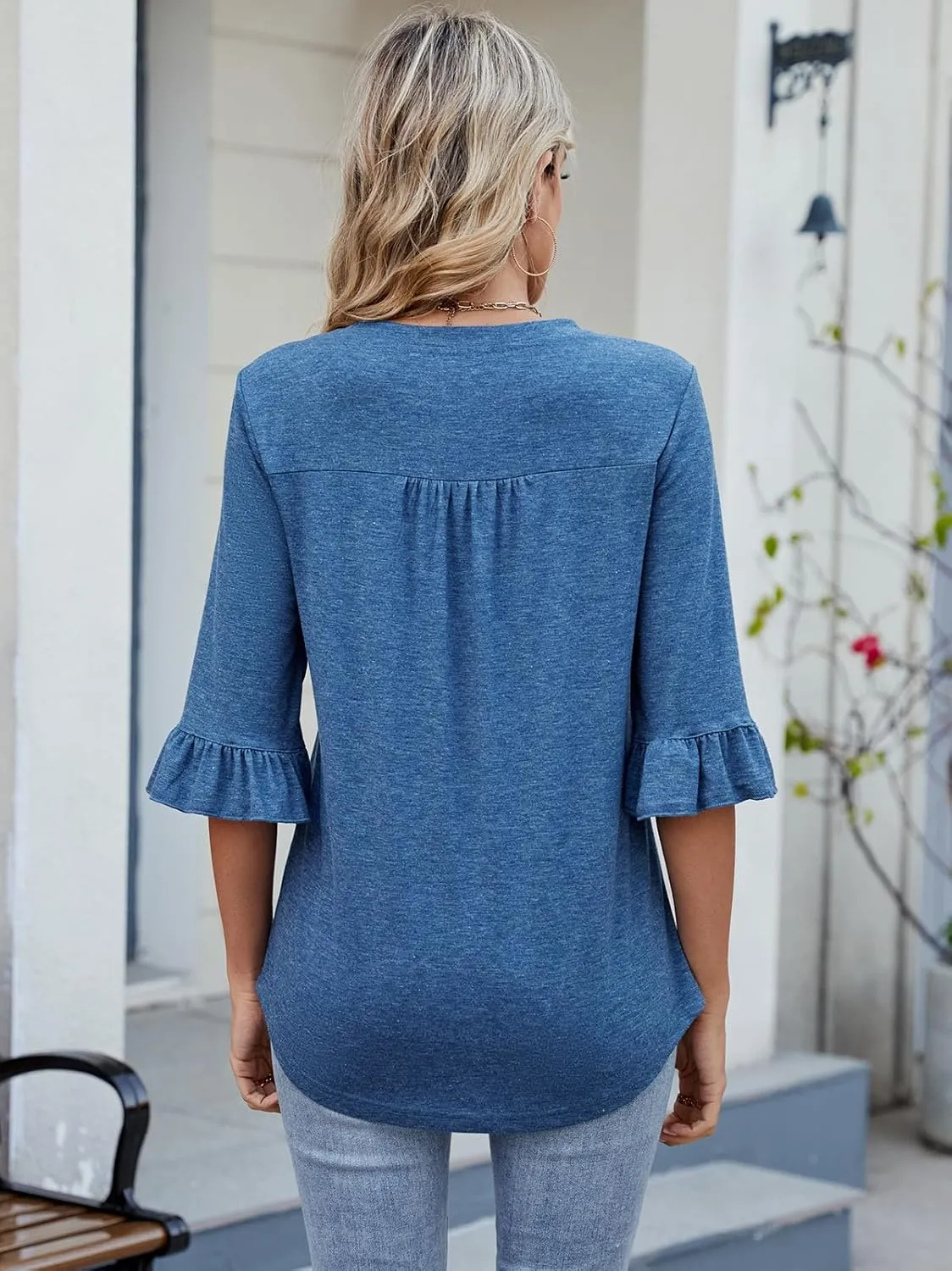 Poetsky Women's 3/4 Sleeve Tops Casual Crew Neck T Shirts Spring Summer Loose Ruffle Tunic Blouses