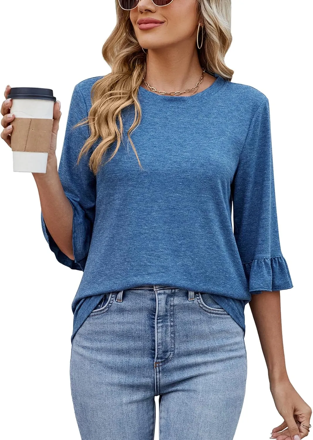 Poetsky Women's 3/4 Sleeve Tops Casual Crew Neck T Shirts Spring Summer Loose Ruffle Tunic Blouses