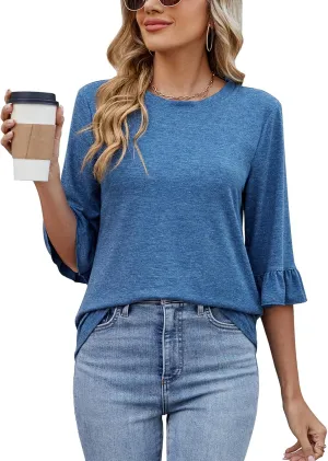 Poetsky Women's 3/4 Sleeve Tops Casual Crew Neck T Shirts Spring Summer Loose Ruffle Tunic Blouses