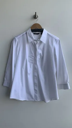 Pre-Owned Eddie Baur White Oxford Fitted 3/4 Sleeve Button Up Top- Size Large