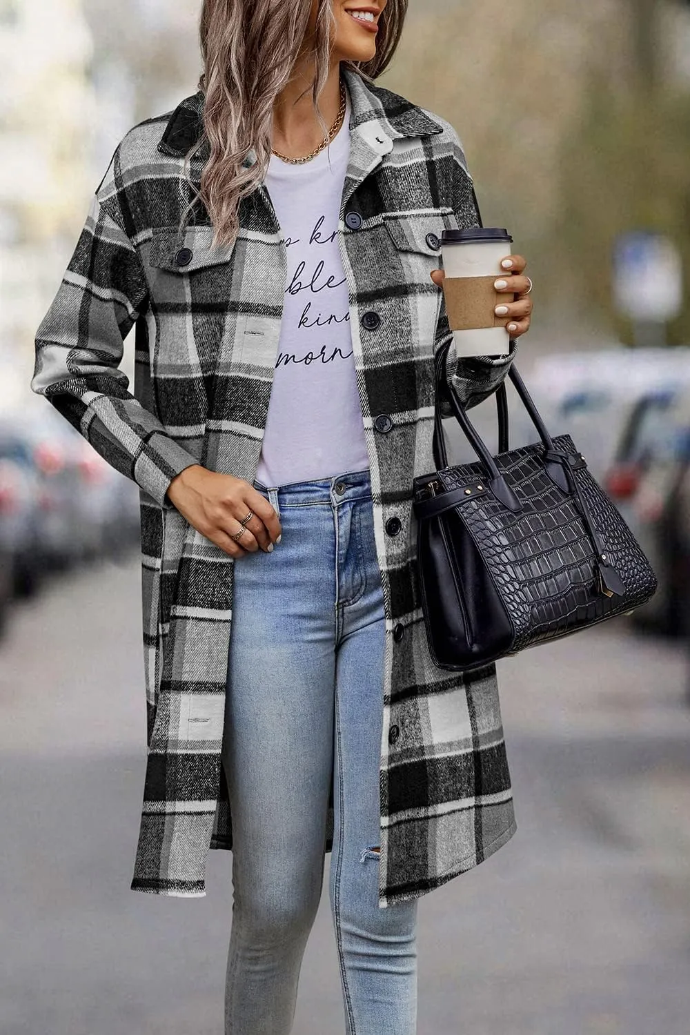 PRETTYGARDEN Women's Plaid Shacket 2025 Long Sleeve Button Up Flannel Shirt Winter Tartan Jacket Woolen Coats