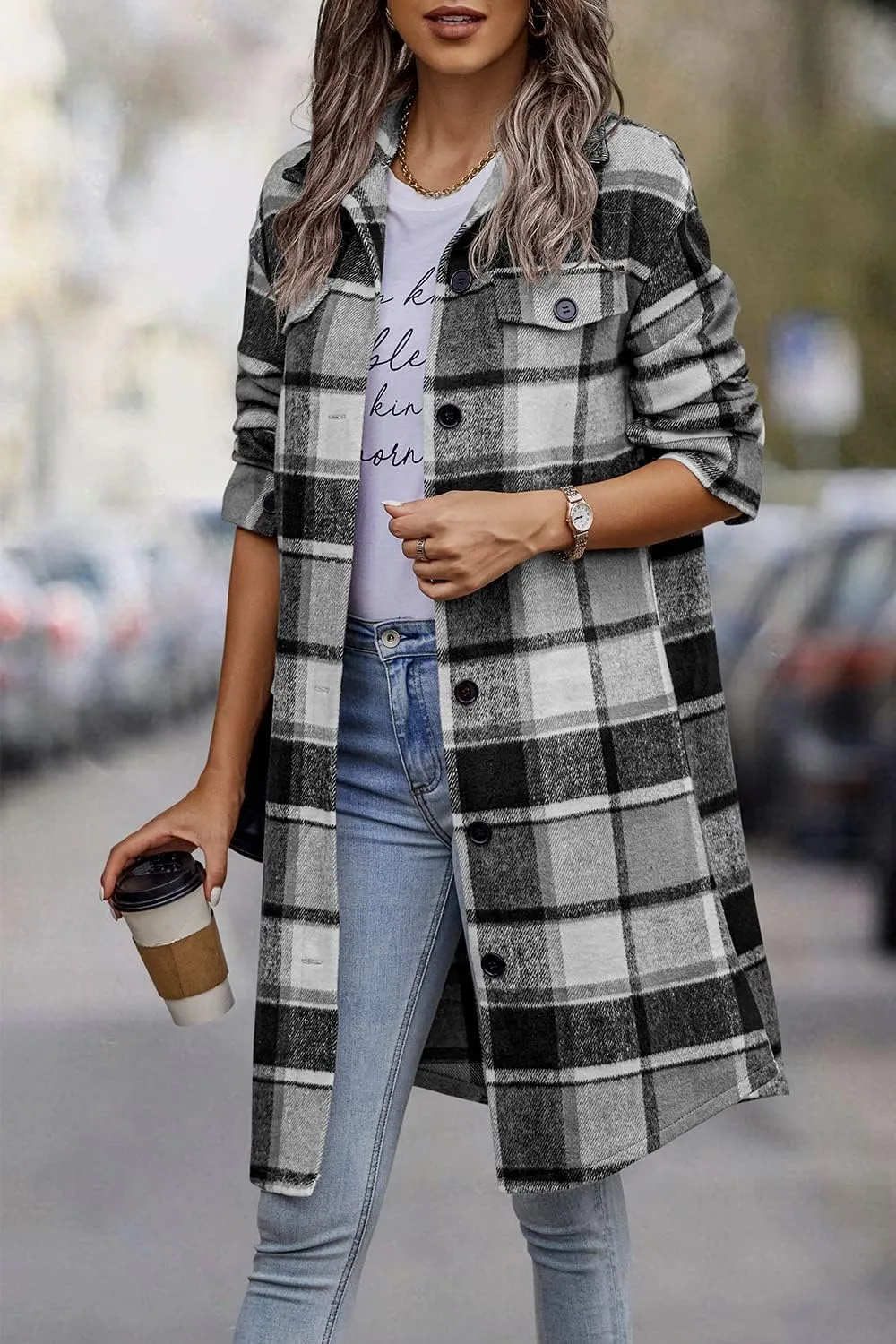 PRETTYGARDEN Women's Plaid Shacket 2025 Long Sleeve Button Up Flannel Shirt Winter Tartan Jacket Woolen Coats