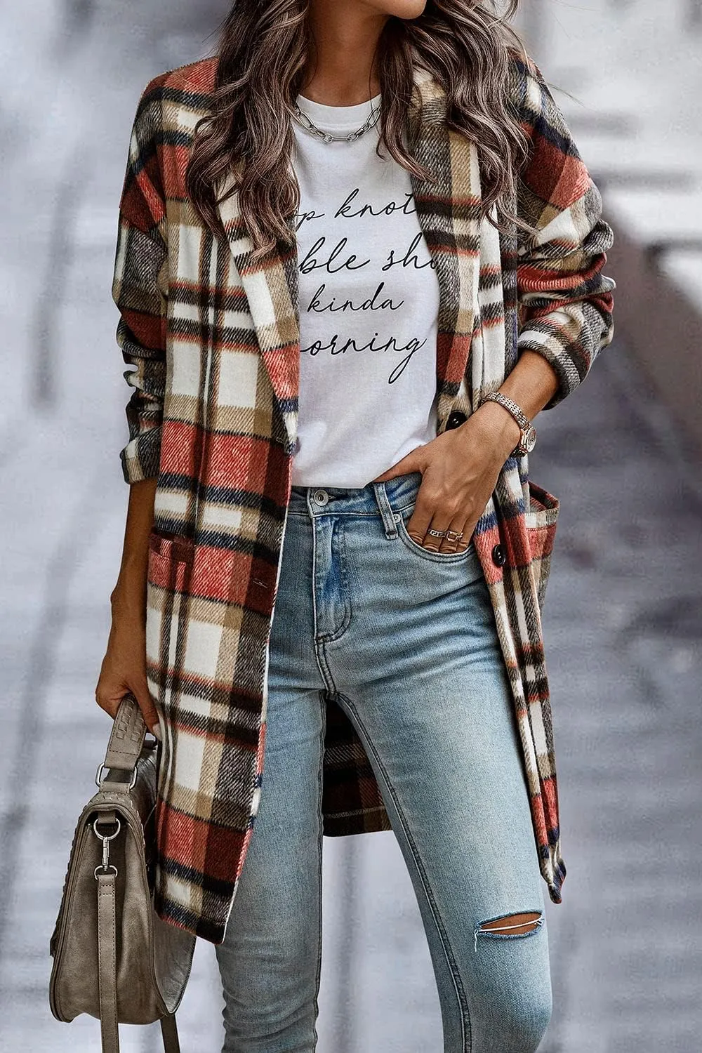PRETTYGARDEN Women's Plaid Shacket Jacket Trendy Casual Button Wool Blend Winter Tartan Trench Coat with Pockets