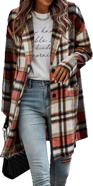 PRETTYGARDEN Women's Plaid Shacket Jacket Trendy Casual Button Wool Blend Winter Tartan Trench Coat with Pockets