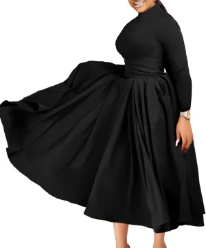 Ptorlio Women's Long Sleeve Dress Spring Pleated Casual Cocktail Maxi Dresses