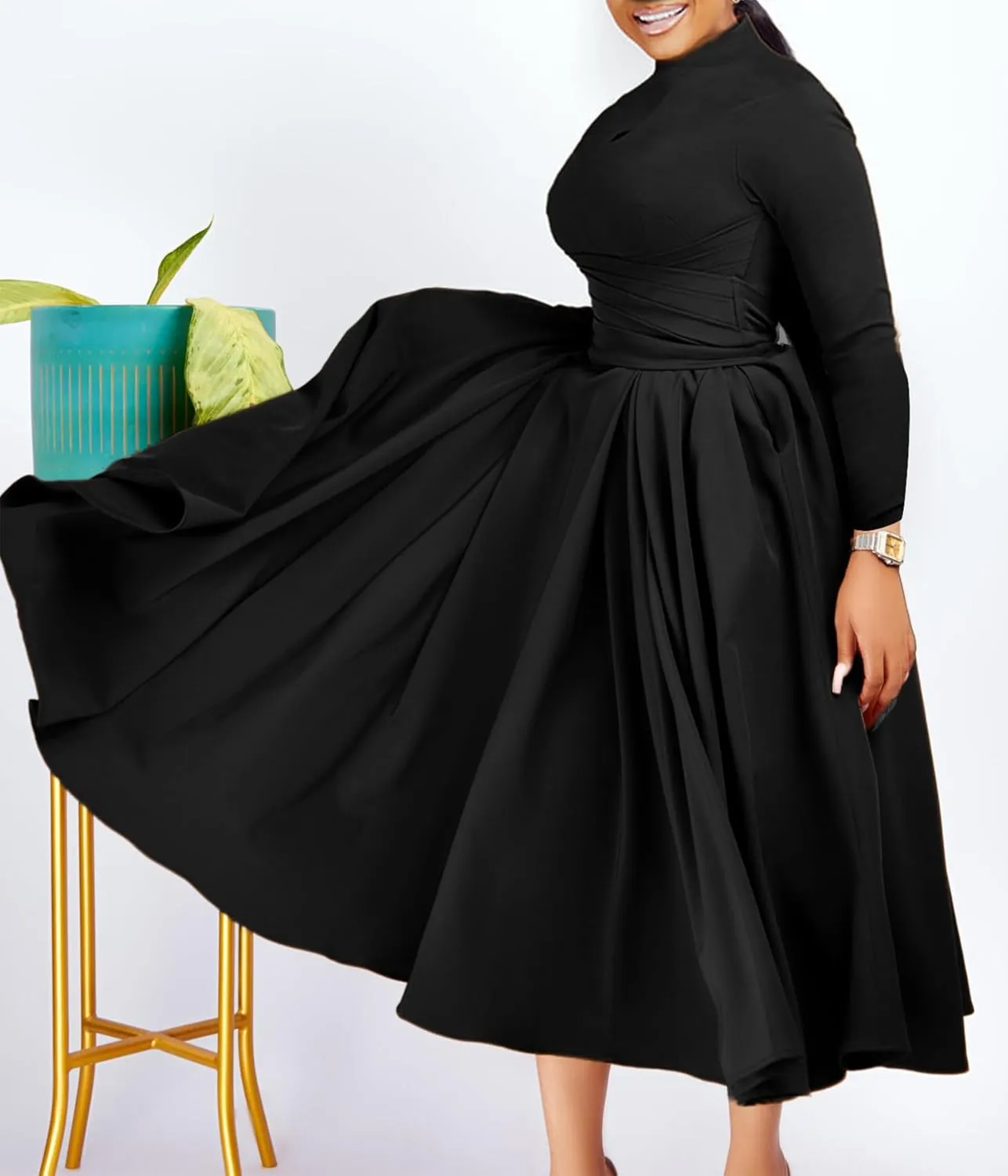 Ptorlio Women's Long Sleeve Dress Spring Pleated Casual Cocktail Maxi Dresses