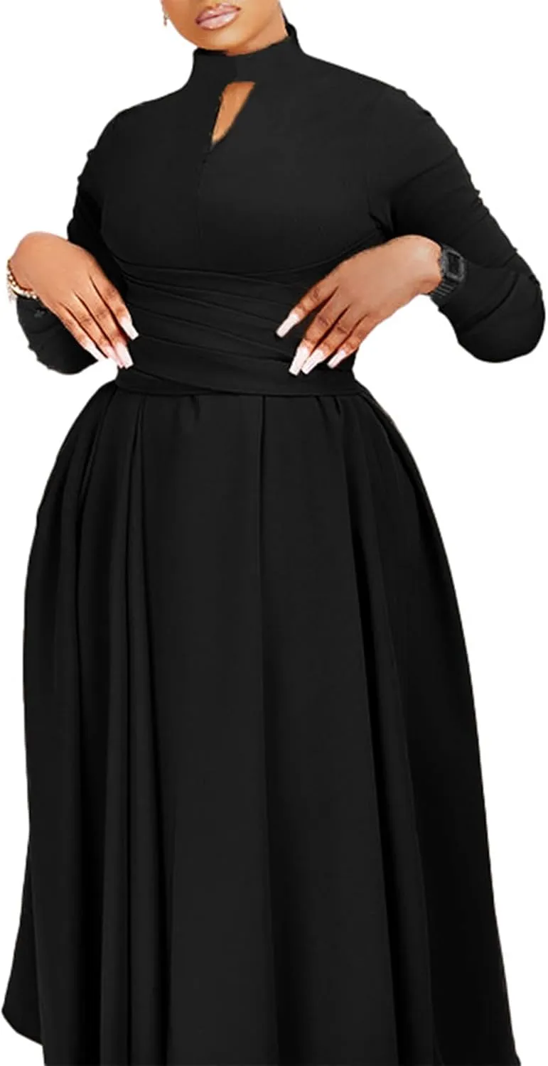Ptorlio Women's Long Sleeve Dress Spring Pleated Casual Cocktail Maxi Dresses