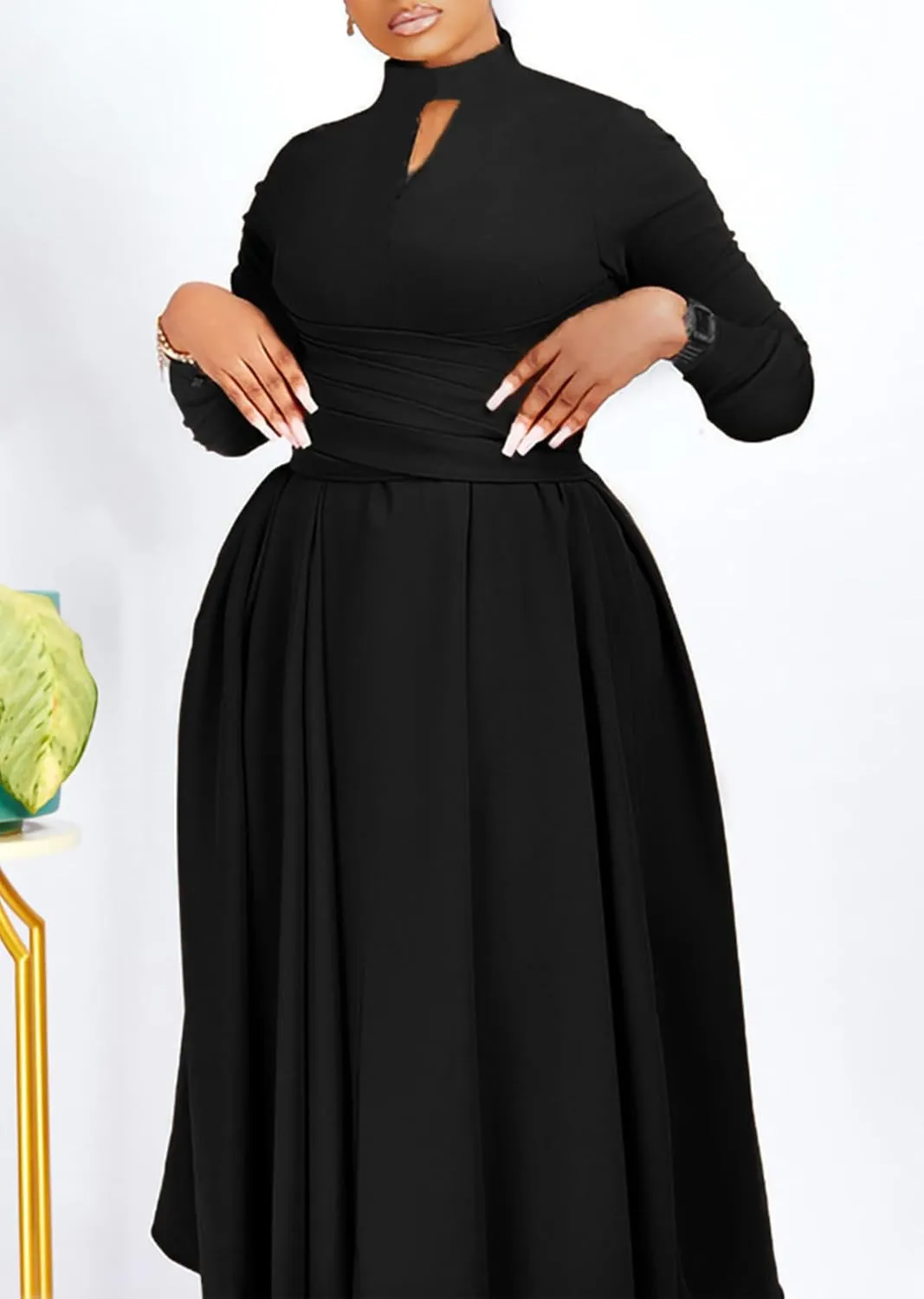 Ptorlio Women's Long Sleeve Dress Spring Pleated Casual Cocktail Maxi Dresses