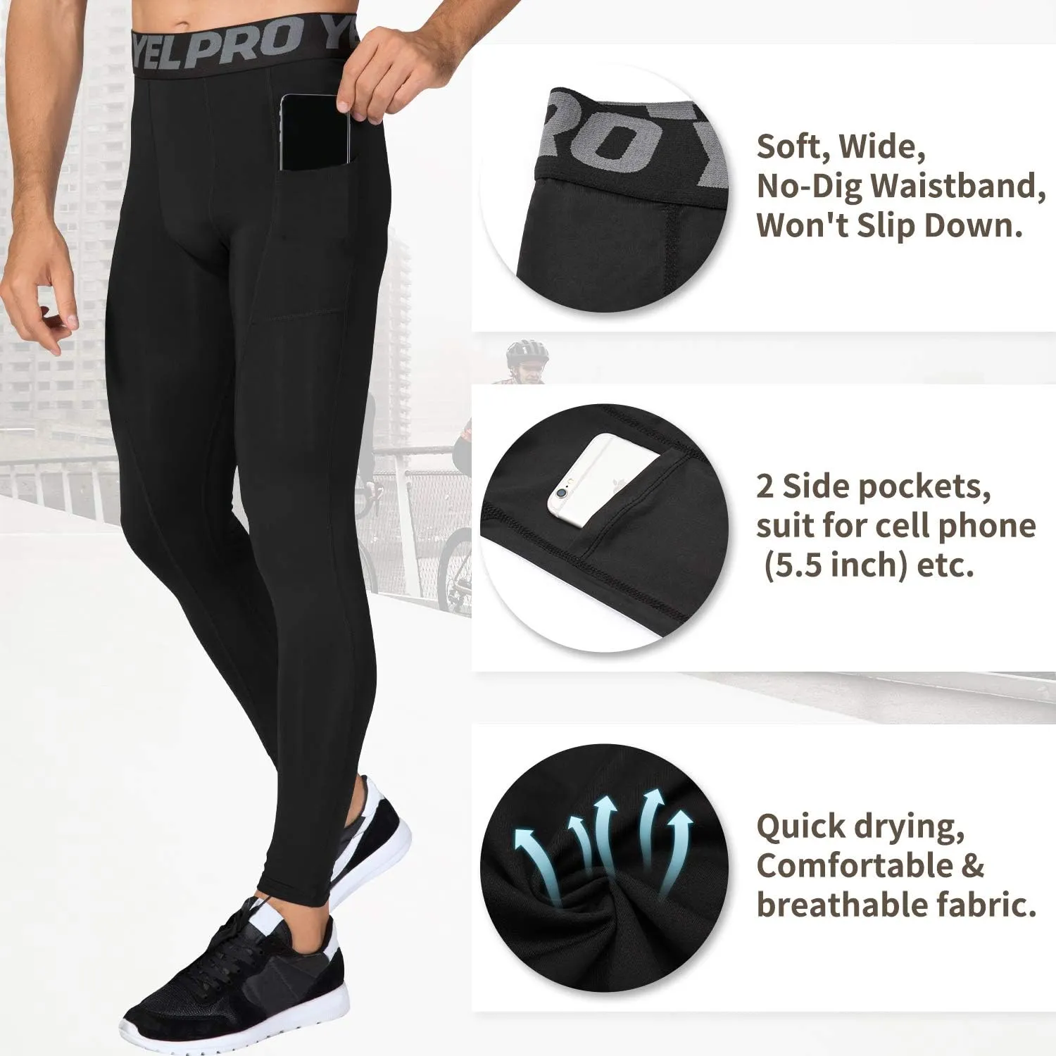 Queerier 3 Pack Men's Compression Pants Athletic Leggings with Pockets Running Baselayer Tights Cycling Workout Pants