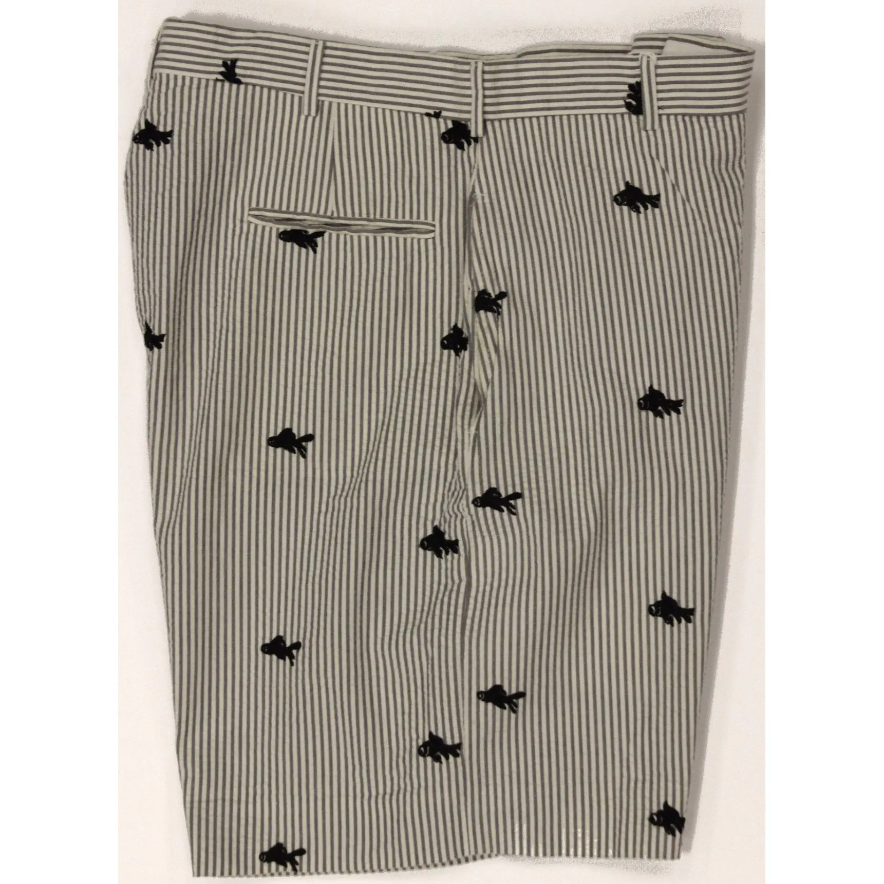 "J. Press Grey Seersucker w/ Navy Koi Fish Embroidered Bermuda Shorts" Sz: 34