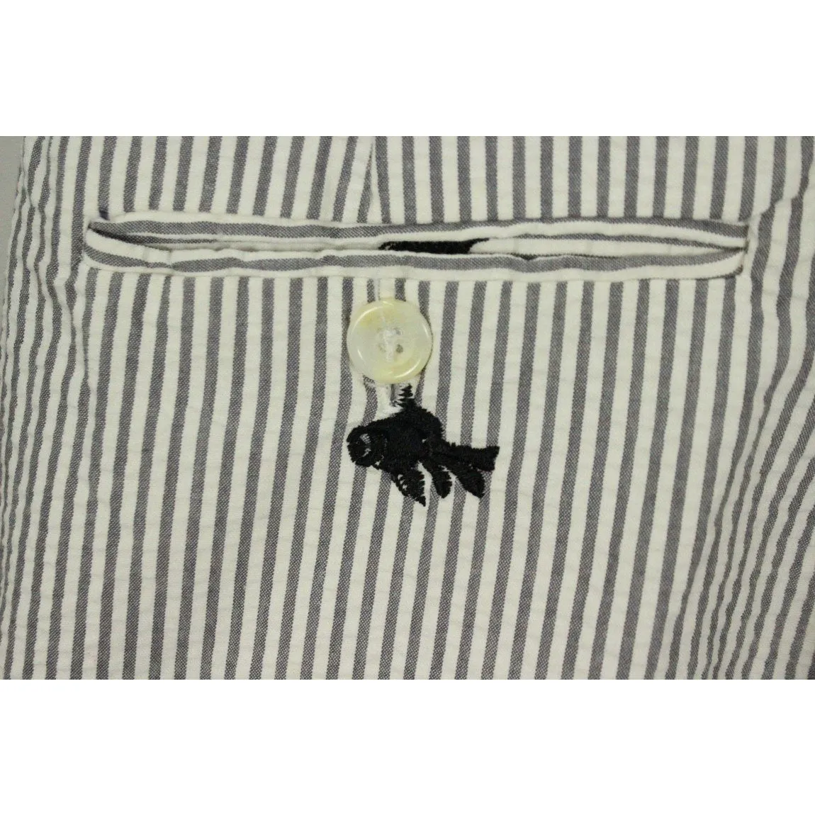 "J. Press Grey Seersucker w/ Navy Koi Fish Embroidered Bermuda Shorts" Sz: 34